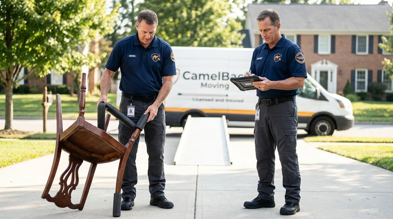 Movers inspecting furniture for damage prevention before loading in Mascoutah, IL