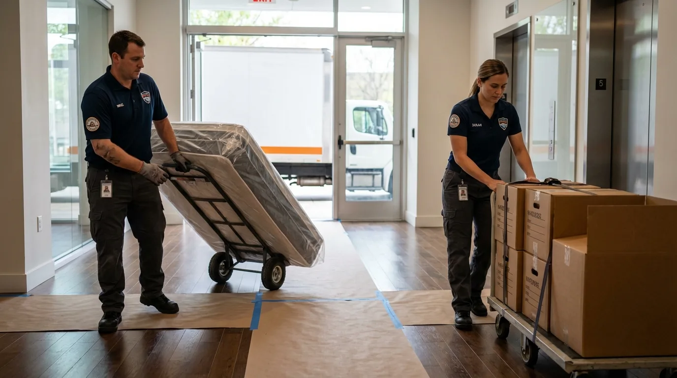 Professional apartment movers loading elevator in Mascoutah, IL